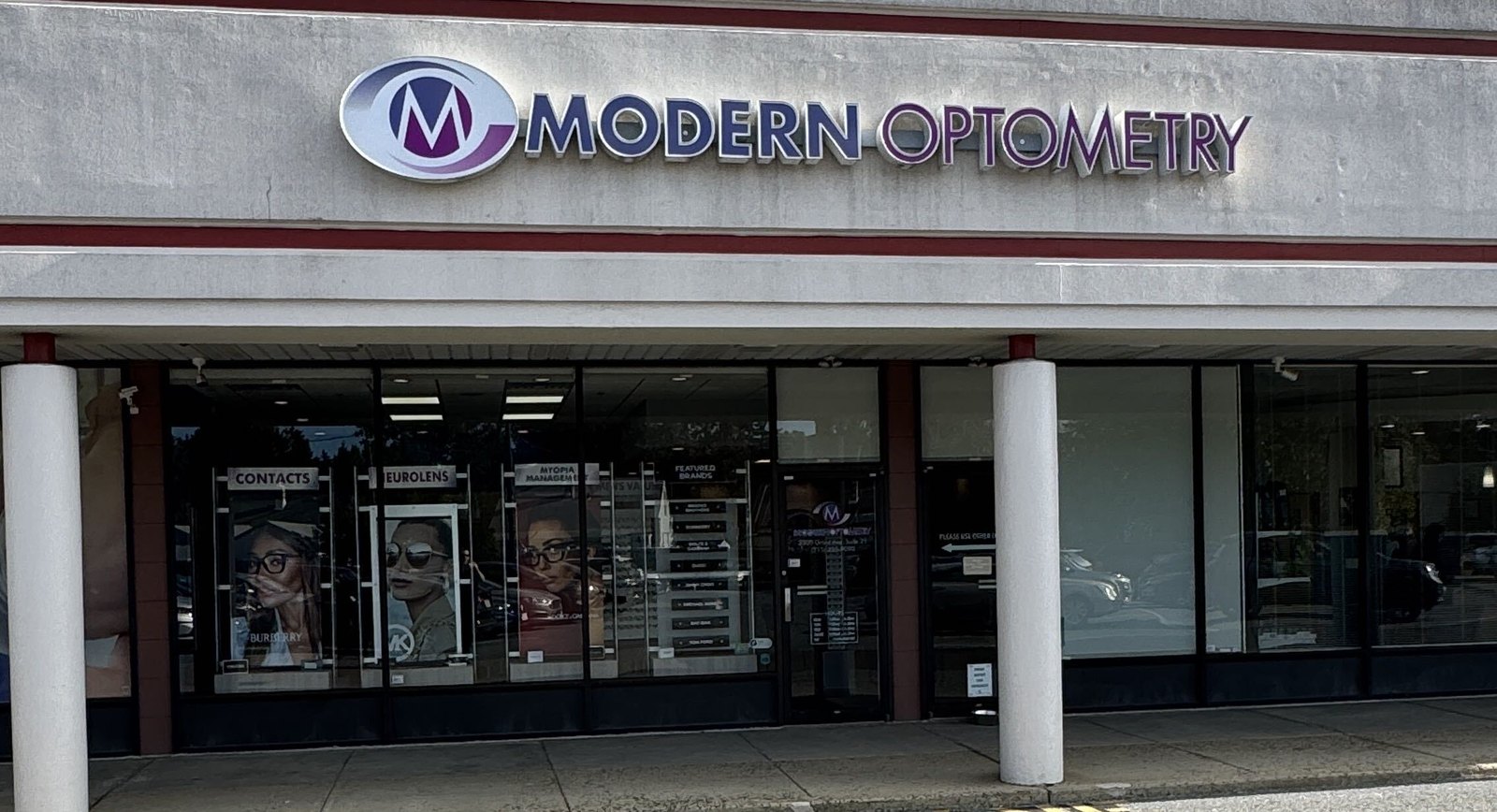 Modern Optometry storefront in the Grant & Academy Shopping Center
